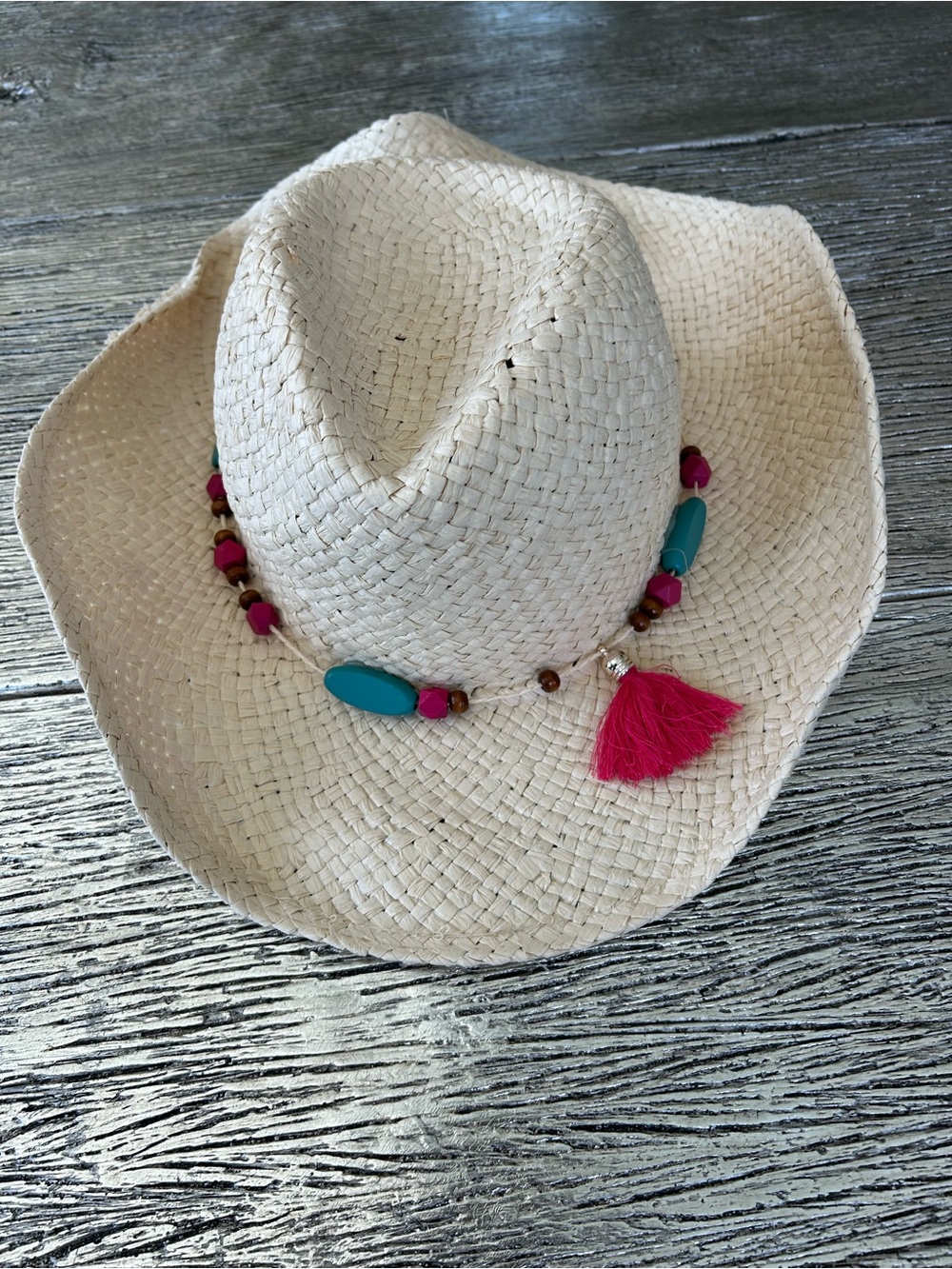 Straw Beach Western Hat with Pink Tassel and Turquoise Beads NWOT
